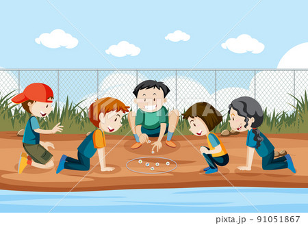 Outdoor park with children playing marbles 91051867