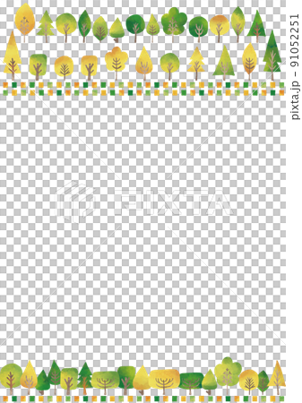 水彩風　緑と紅葉な樹々と四角いフレーム 91052251