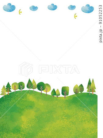 水彩風　緑の丘と雲と鳥フレーム　縦 91052253