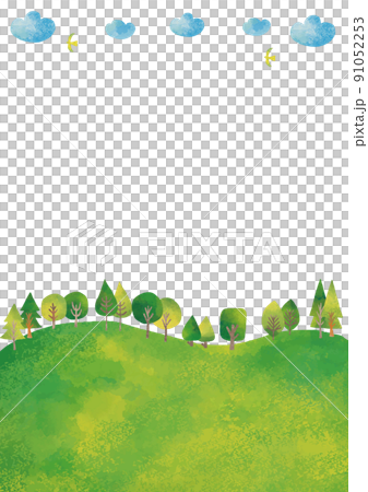 水彩風　緑の丘と雲と鳥フレーム　縦 91052253