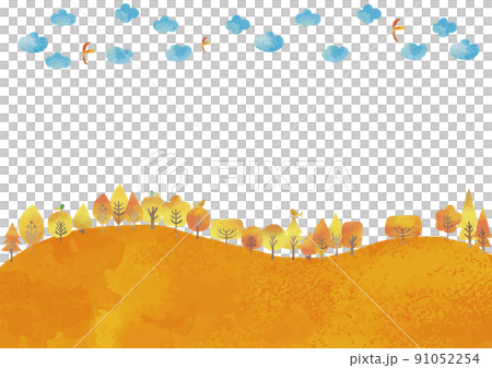 水彩風　紅葉と小鳥と雲の風景フレーム 91052254