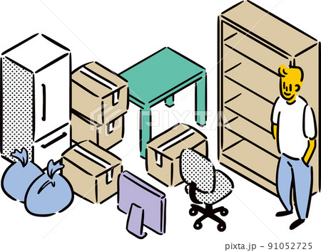一人暮らしの引越し準備 アイソメトリックイラスト のイラスト素材