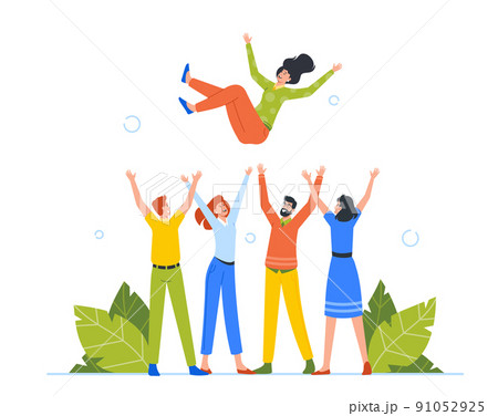 Happy People Toss Up Person Celebrating Success. Group of Positive Friends or Colleagues Celebrate Victory Achievement 91052925
