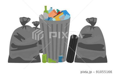 Garbage in a metal tank and in bags around. Unsorted waste. 91055166