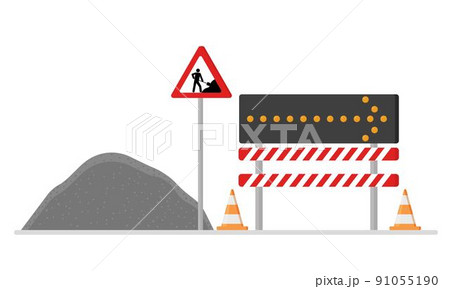 Road works, repairs. Installed fences, a detour direction indicator. Warning road signs. 91055190