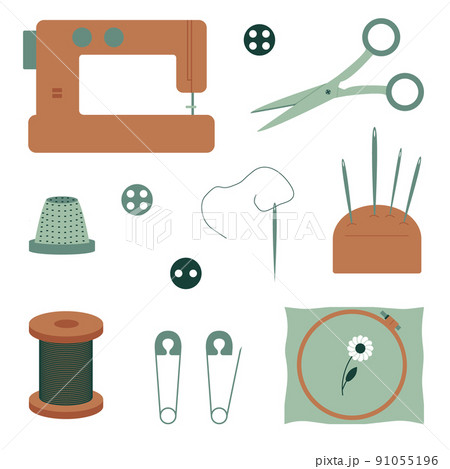 Set of elements for embroidery and sewing. Tools for sewing clothes. Craft and hobby. Flat style. Vector. Set of elements for embroidery and sewing. Tools for sewing clothes. Craft and hobby. Flat style. Vector. 91055196