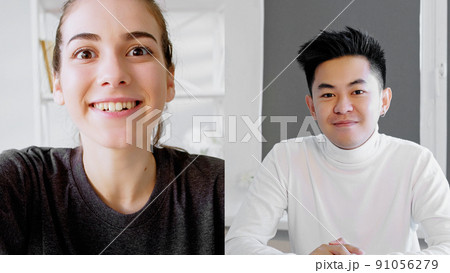 Internet communication. Video dating. Distant relationship. Web romance. Screenshot of diverse couple virtual chat online meeting. Internet communication. Video dating. Distant relationship. Web romance. Screenshot of diverse couple virtual chat online meeting. 91056279