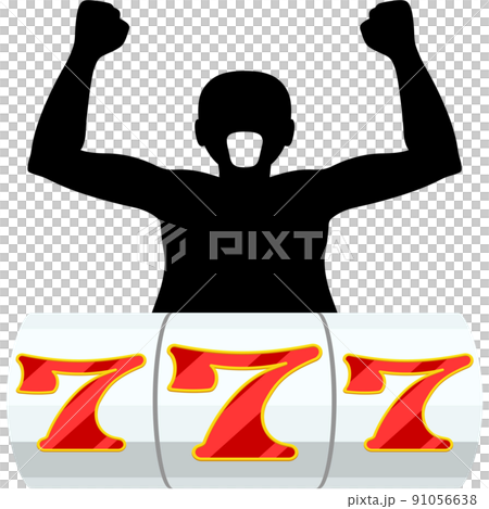 スロットのスリーセブンを揃えた男のイラスト 91056638