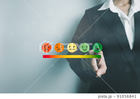 Customer satisfaction assessment, improve service to excellent standard, impressed with the best care, choose smile icon, highest rating and score, good feedback from user Customer satisfaction assessment, improve service to excellent standard, impressed with the best care, choose smile icon, highest rating and score, good feedback from user 91056841