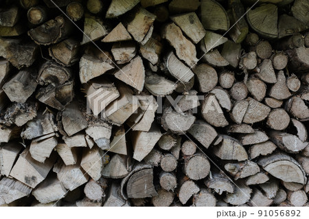 Background of birch logs, stacked on top of each other. Wall of stacked wood logs as background 91056892