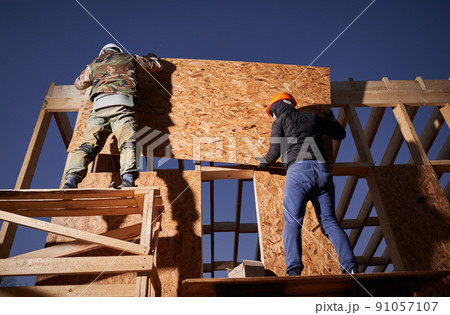 Carpenters mounting wooden OSB panel on the wall of future cottage. Men workers building wooden frame house. Carpentry and construction concept. Carpenters mounting wooden OSB panel on the wall of future cottage. Men workers building wooden frame house. Carpentry and construction concept. 91057107