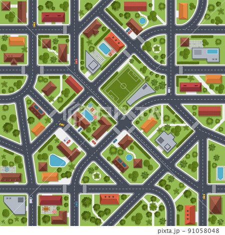 Street map top view. City transport infrastructure, urban roads plan, houses rooftops in green courtyards, bushes and trees, stadium and swimming pool, seamless texture, nowaday vector concept 91058048