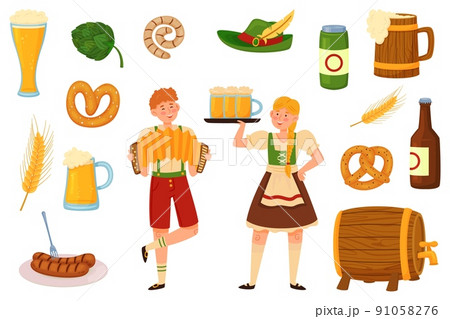 Oktoberfest elements. German munich festival food and drink, beer holiday, happy characters in folk traditional clothes, wooden barrel, mugs with foamy drinks, recent vector set 91058276