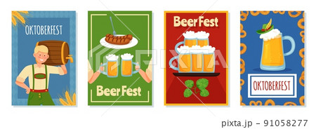 Oktoberfest cards. Mugs with beer, people in traditional costumes, waitress delivers drinks, bavarian sausage, holiday elements, vertical poster. Recent vector cartoon flat isolated set 91058277