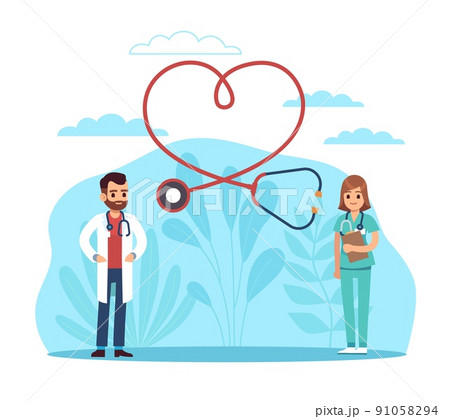 Health care system of organs in diseases. Cardiology clinic. Male and female doctor, stethoscope in heart form. professional treatment and healing. Vector cartoon flat medical concept 91058294