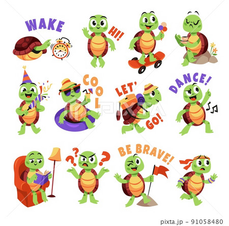 Cartoon turtle. Cute funny animals characters, smiling little turtle in different poses, actions and emotions, comic mascot with various phrases, stickers collection, tidy vector set Cartoon turtle. Cute funny animals characters, smiling little turtle in different poses, actions and emotions, comic mascot with various phrases, stickers collection, tidy vector set 91058480