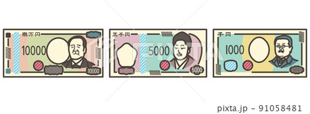 新千円札、新五千円札、新一万円札のセット【ベクターイラスト素材】 91058481