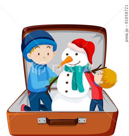 Christmas theme with dad and son build a snowman in a luggage on white background 91058721