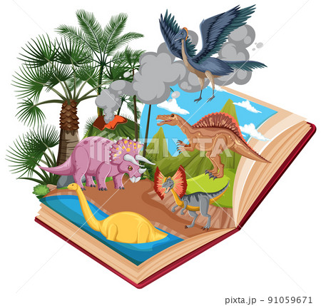 Scene in book with dinosaurs in forest 91059671