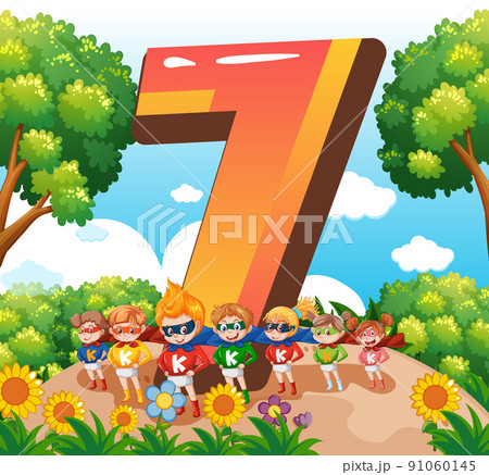 Seven kids with number seven cartoon 91060145