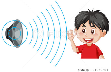 A boy hearing sound with speaker icon A boy hearing sound with speaker icon 91060204
