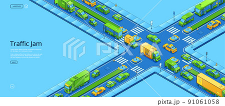 Traffic jam isometric web banner, transportation Traffic jam isometric web banner, transportation 91061058