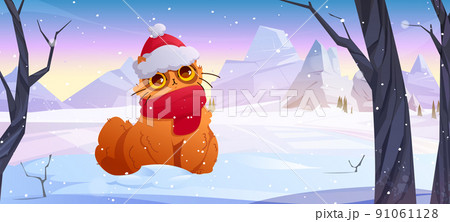 Cute cat in red hat and scarf sitting on snow 91061128