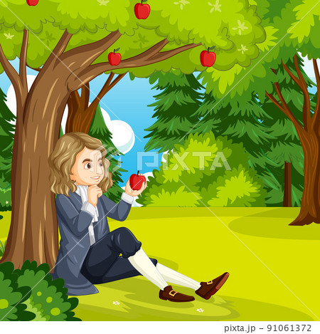 Isaac Newton sitting under apple tree 91061372