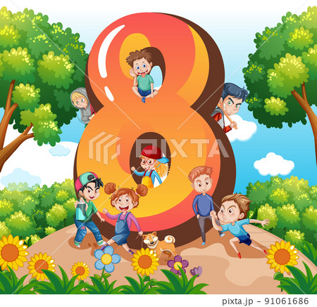 Eight kids with number eight cartoon 91061686