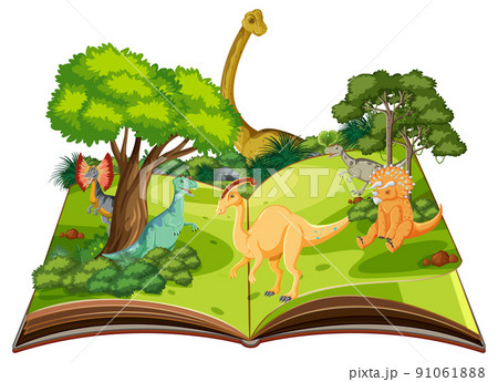 Pop up book with outdoor nature scene and dinosaur Pop up book with outdoor nature scene and dinosaur 91061888
