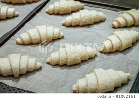 homemade croissants before baking on a baking sheet homemade croissants before baking on a baking sheet 91062161