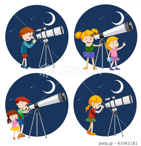 Set of different kids using telescope 91062181