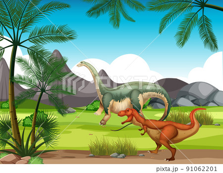 Nature scene with trees on mountains with dinosaur 91062201