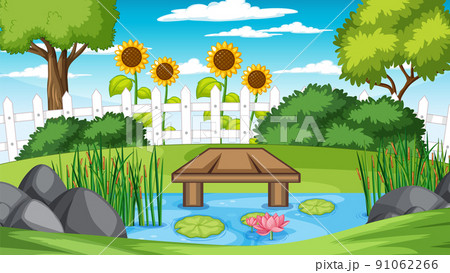 Scene with flowers and tress by the river Scene with flowers and tress by the river 91062266