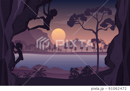 Flat silhouette rock climbing in nature background 91062472