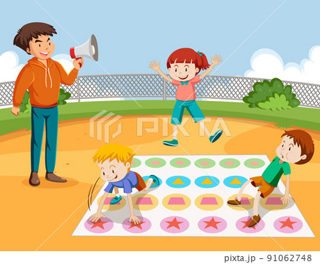 Kids doing physical activity with twister game Kids doing physical activity with twister game 91062748
