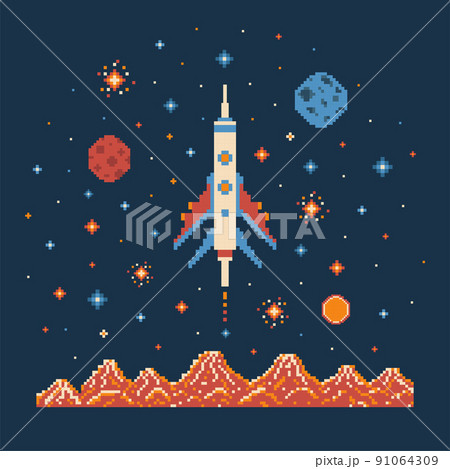 8 bit Pixel Art Rocket in Outer Space 91064309