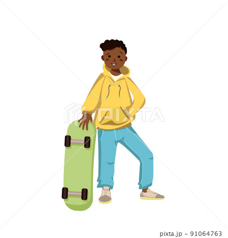 A dark skinned boy in hoodie, jeans and sneakers smiles. Happy kid with curly black hair. Afro American teenager in casual clothes and skateboard. World international children day. Vector illustration 91064763