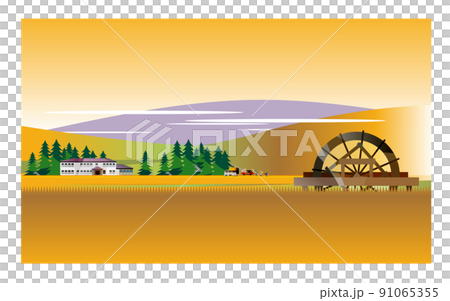 古民家のある美しい日本の山里の風景。収穫の秋、稲刈りに励む人々。 古民家のある美しい日本の山里の風景。収穫の秋、稲刈りに励む人々。 91065355