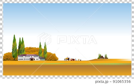 一個美麗的日本山村，有一座古老的民居。人們在秋收的時候努力收割稻穀。它是 91065356