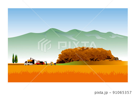 古民家のある美しい日本の山里の風景。収穫の秋、稲刈りに励む人々。　 91065357