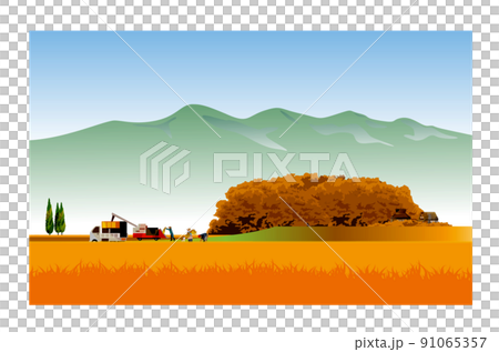 一個美麗的日本山村，有一座古老的民居。人們在秋收的時候努力收割稻穀。它是 91065357