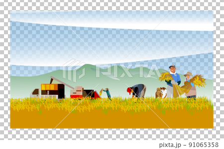 一個美麗的日本山村，有一座古老的民居。人們在秋收的時候努力收割稻穀。它是 91065358