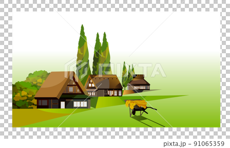 A beautiful Japanese mountain village with an old folk house. People working hard to harvest rice in the fall of harvest. It was 91065359