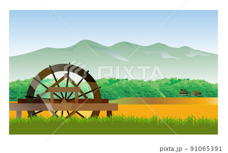 古民家のある美しい日本の山里の風景。収穫の秋、稲刈りに励む人々。 91065391
