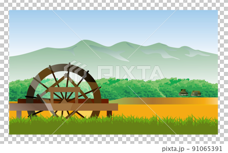 古民家のある美しい日本の山里の風景。収穫の秋、稲刈りに励む人々。 91065391