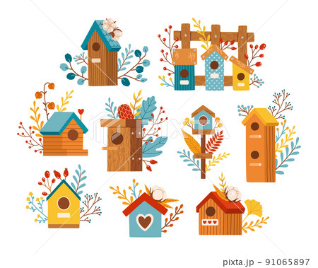 Autumn birdhouse fall season set vector elements Autumn birdhouse fall season set vector elements 91065897