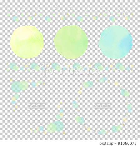グリーンの水彩円　装飾素材セット（手描き風ベクター） 91066075