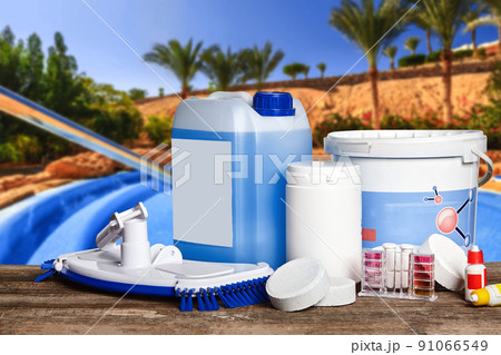 Equipment with chemical cleaning products and tools for the maintenance of the swimming pool. Equipment with chemical cleaning products and tools for the maintenance of the swimming pool. 91066549