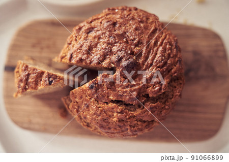 Diet dessert - Banana cake without milk, gluten-free, egg-free. Close-up, top view, cut off part of the pie. High quality photo 91066899